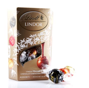AYTOS, BULGARIA - APRIL 02, 2014: Milk Chocolate LINDOR truffle. Lindt & Spr��ngli is recognized as a leader in the market for premium quality chocolate.