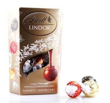 AYTOS, BULGARIA - APRIL 02, 2014: Milk Chocolate LINDOR truffle. Lindt & Spr��ngli is recognized as a leader in the market for premium quality chocolate.