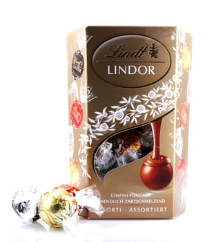 AYTOS, BULGARIA - APRIL 02, 2014: Milk Chocolate LINDOR truffle. Lindt & Spr��ngli is recognized as a leader in the market for premium quality chocolate.