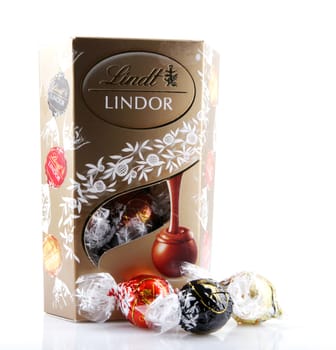 AYTOS, BULGARIA - APRIL 02, 2014: Milk Chocolate LINDOR truffle. Lindt & Spr��ngli is recognized as a leader in the market for premium quality chocolate.