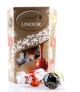 AYTOS, BULGARIA - APRIL 02, 2014: Milk Chocolate LINDOR truffle. Lindt & Spr��ngli is recognized as a leader in the market for premium quality chocolate.