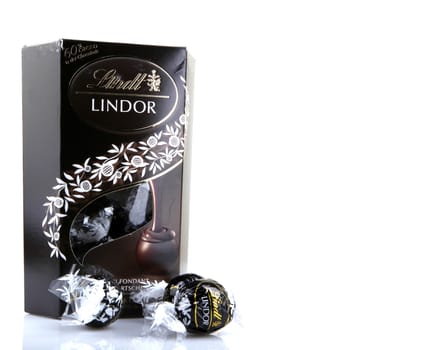 AYTOS, BULGARIA - APRIL 02, 2014: Milk Chocolate LINDOR truffle. Lindt & Spr��ngli is recognized as a leader in the market for premium quality chocolate.