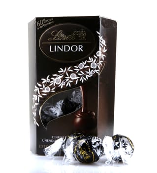 AYTOS, BULGARIA - APRIL 02, 2014: Milk Chocolate LINDOR truffle. Lindt & Spr��ngli is recognized as a leader in the market for premium quality chocolate.
