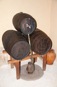 Three wine barrels, old style. Majorca, Balearic islands, Spain.