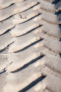 Vertical car track in sand. Mediterranean beach, Spain.