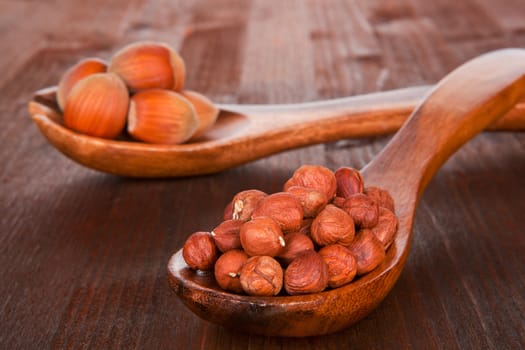 Whole hazelnut and hazelnut seed on wooden spoons on dark brown wooden background. Culinary nuts.