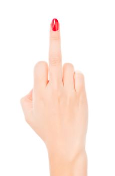 Female hand with red fingernails showing the middle finger isolated on white. Offensive gesture.