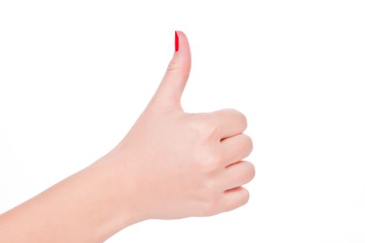 Female hand with red fingernails showing thumbs up isolated on white. Everything is perfect concept.