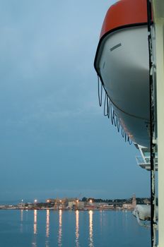 Lifeboat and lights onboard a ship outside Palma de Mallorca, Majorca, Balearic islands, Spain.