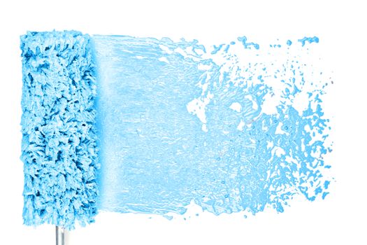 Painting a wall with a paint roller and blue color. Creativity DIY concept.