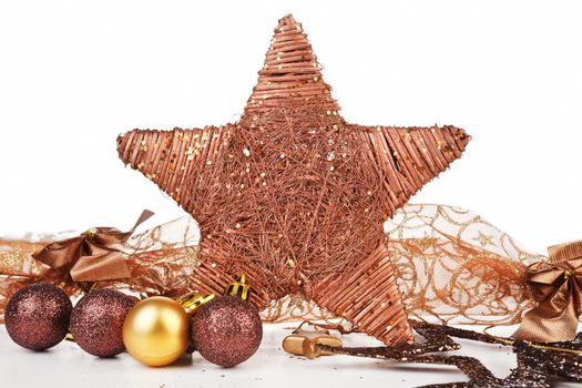 Brown traditional christmas decoration background. Festive holiday season concept.