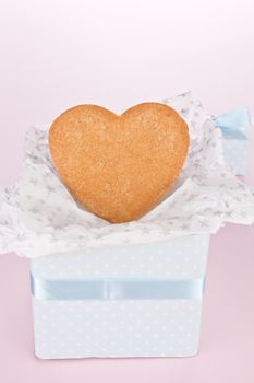 Luxurious wrapped gift and heart shaped christmas sweets with copy space. Light pink blue xmas concept.