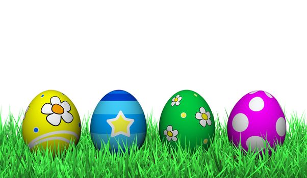 Four easter eggs on green grass painted with flowers, stars and colorful children decoration on white background.