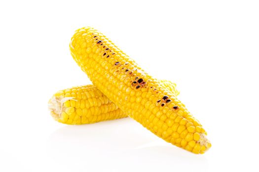 Boiled and roasted corn isolated on white background. Culinary vegetarian eating.