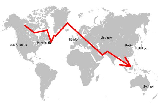 Global market crash. Red falling diagram against world map.