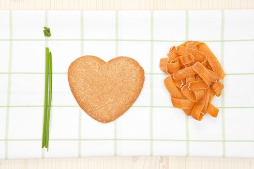I love pasta made of fresh chive, heart shaped biscuit and pasta.