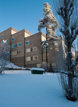 Retro 1950 style buildings in Vallingby, Stockholm, Sweden in the winter.