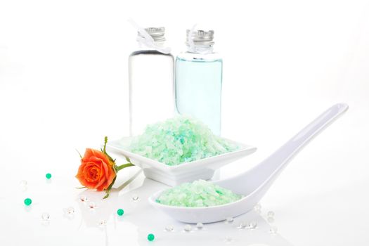 Bath salt, shampoo and shower gel isolated on white background. Luxurious wellness background.