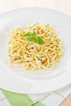 Spaghetti carbonara on white plate. Traditional italian pasta.