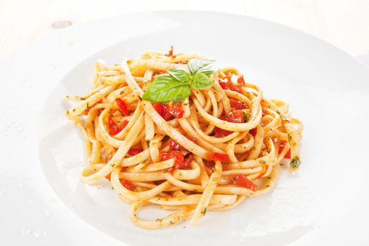 Luxurious homemade spaghetti with tomato sauce on white plate. Traditional italian cuisine.