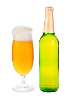 Beer bottle and full glass isolated on white background.