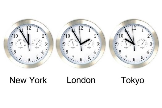 World time. Time in London, New York and Tokyo, three watches isolated on white.