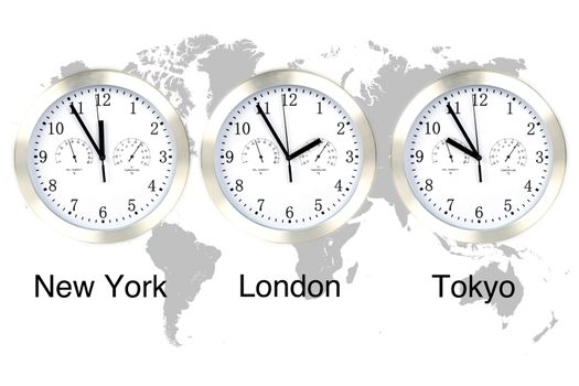 World time zones. Time in London, New York and Tokyo, three clocks against grey world map.