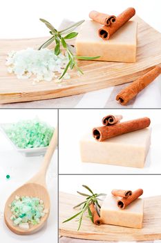 Wellness collage. Natural body care products, bath salt, soap bar with rosemary and cinnamon.
