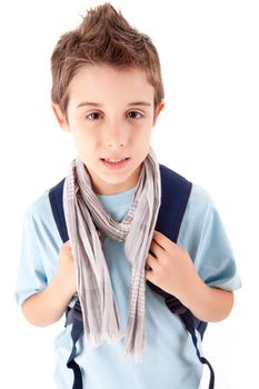 Portrait of a little boy at school over white background