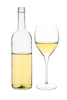 Elegant transparent white wine bottle and glass isolated on white background.