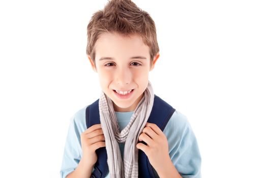 Portrait of a little boy at school over white background