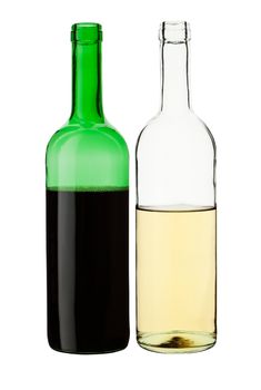 Red and white wine in transparent bottles without labels isolated on white background.