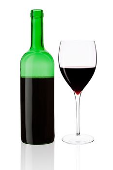 Elegant green transparent wine bottle without label with elegant wine glass isolated on white background.