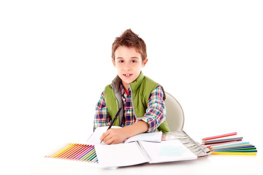 Portrait of a little boy at school over white background