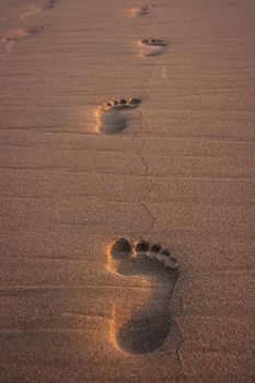 Footprints on beach at sunset. Travel vacation background.