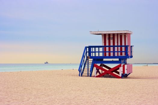 Lifeguard cabin on empty beach, Miami Beach, Florida, USA, safety concept.