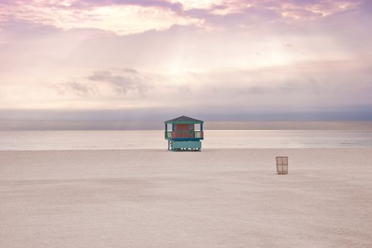 Lifeguard cabin on empty beach in Miami Florida, USA. Miami beach.