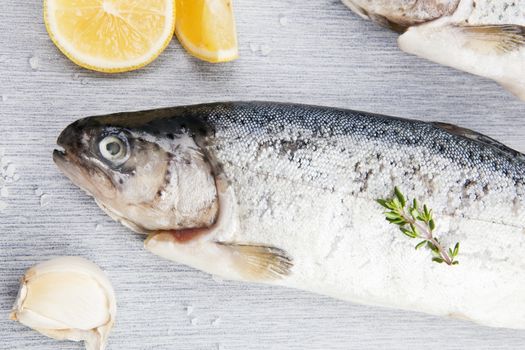 Trout isolated on stone board with lemon pieces, salt corns and garlic. Seafood concept, fish.