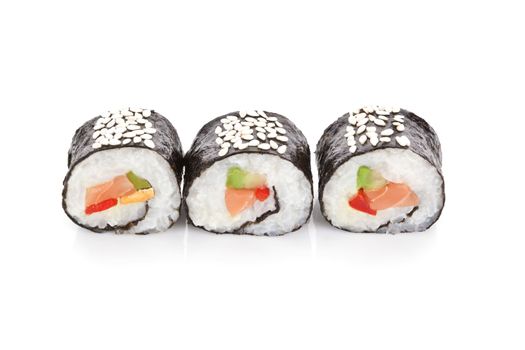 Three sushi rolls maki with salmon, avocado isolated on white background.