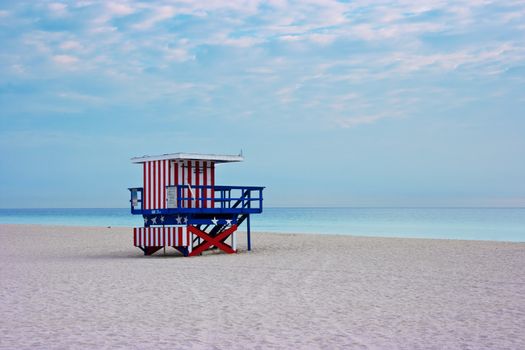 Lifeguard cabin on empty beach, Miami Beach, Florida, USA, safety concept.