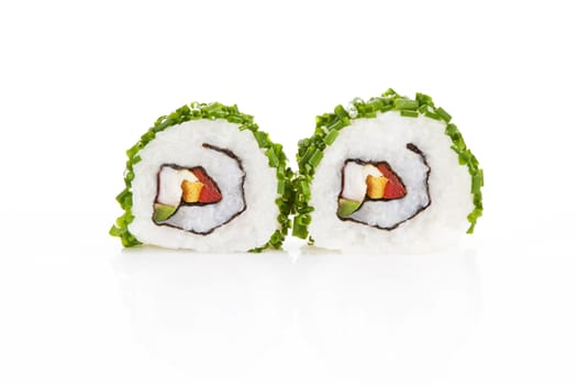 Two sushi rolls with chive isolated on white background.