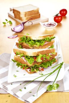 Delicious sandwiches with fresh salad, cheese and ham arranged on wooden table with fresh vegetables and toast bread. 