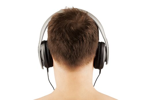 Young man with headphones isolated on white with clipping path. Dj.
