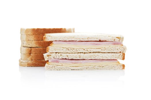 Sandwich with turkey and cheddar cheese isolated on white background.