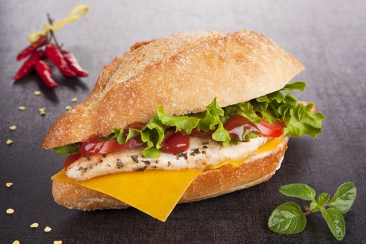 Chicken sandwich with fresh vegetables and cheddar cheese on dark board. 