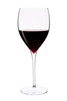 Elegant crystal wine glass with red wine isolated on white background with clipping path.