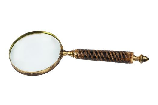 Antique magnifier isolated on white background with clipping path. Retro object.