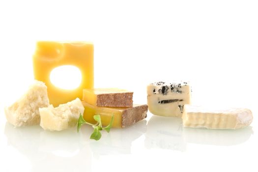 Cheese variation on white background. Emmentaler, parmesan pieces and rockford. Cheese still life.