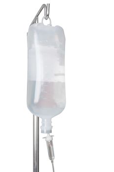 Infusion bottle with saline solution on white background