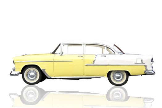 Old antique shiny yellow metallic car isolate on white with clipping mask.